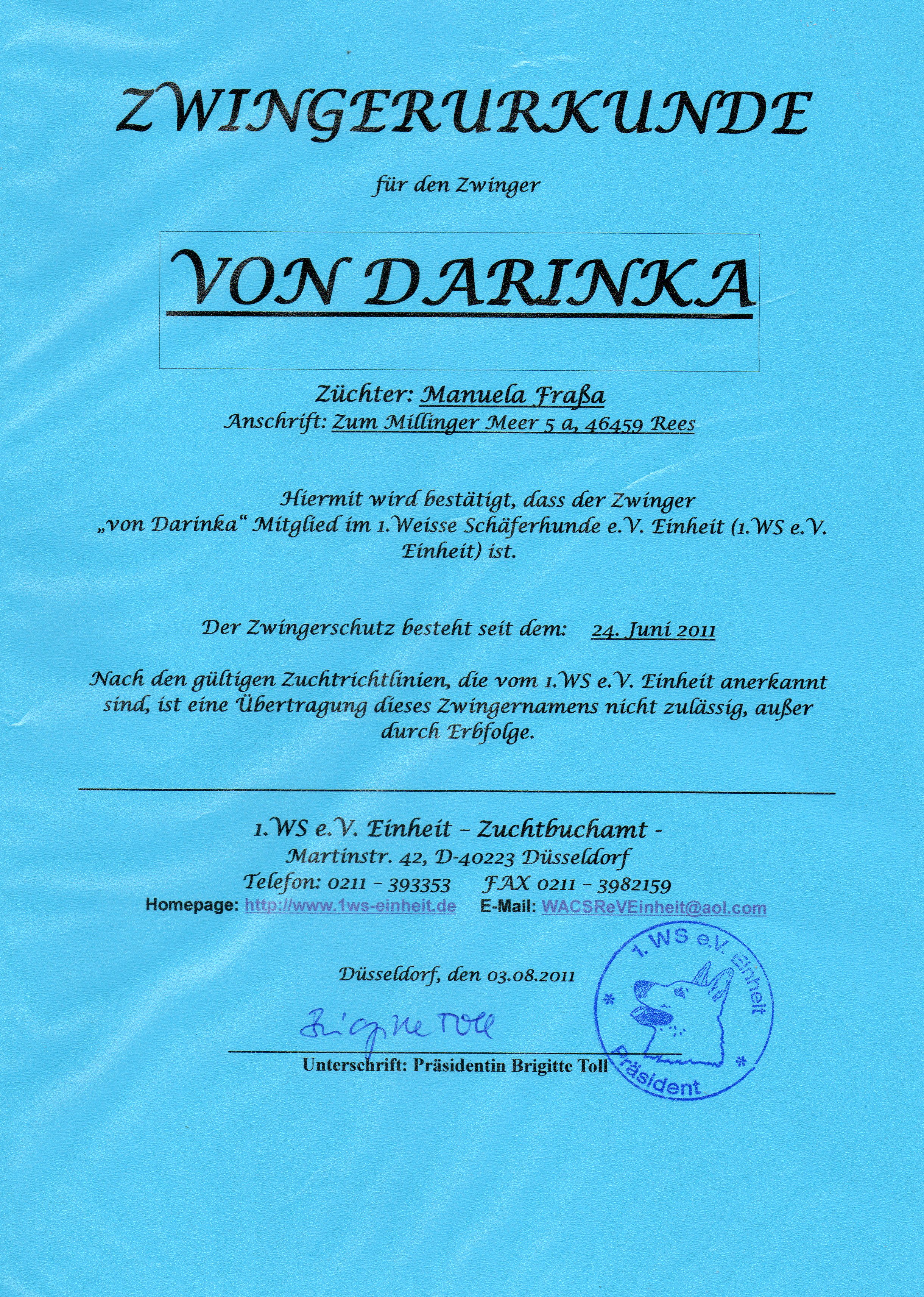 Zwingerurkunde 1. WS e.V. Einheit Zwingerurkunde 1. WS e.V. Einheit